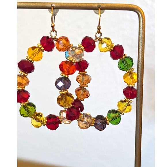 Gorgeous Colorful Glass Crystal Bead 1.75" Hoop Dangle Earrings - Picture 3 of 3
